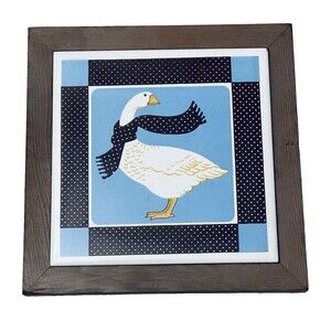 Jasco Ceramic Tile Trivet Wood Framed Wall Hanging VTG Goose Duck W Scarf Decor